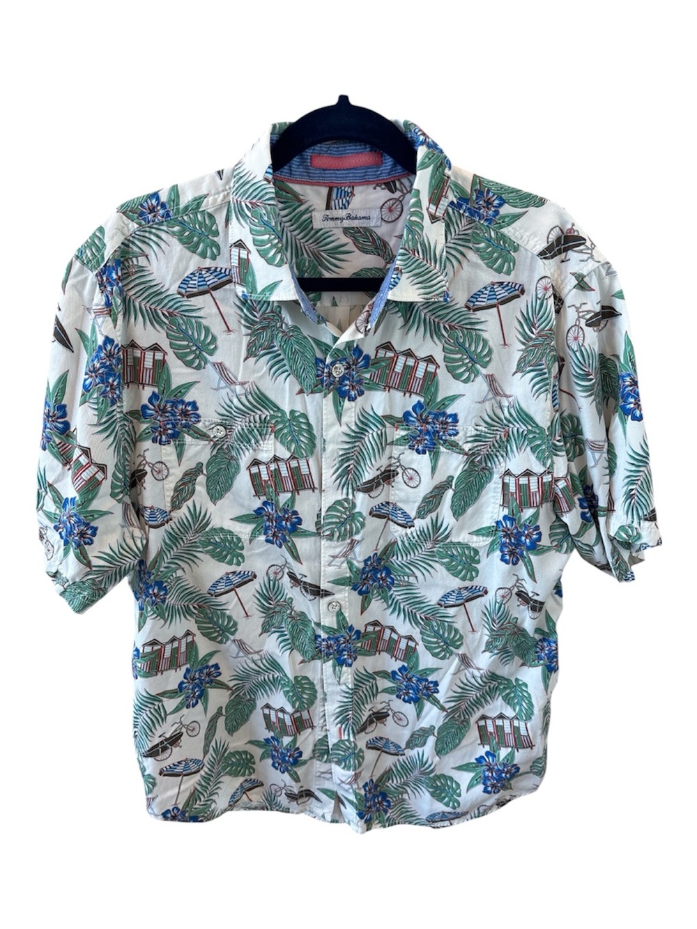 Tommy Bahama White Shirt with Green Palm & Blue Floral Print